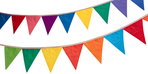 Obraz premium Multicolor bunting party decoration isolated in transparent background perfect for birthday party, marriage anniversary, valentines day and new year celebrations. 