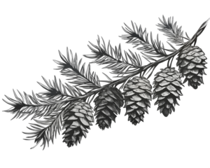 Pine branch with cones: exquisite black and white engraving style illustration for decor, printing and design PNG