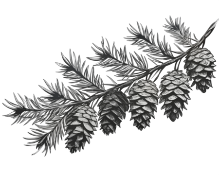 Pine branch with cones: exquisite black and white engraving style illustration for decor, printing and design PNG