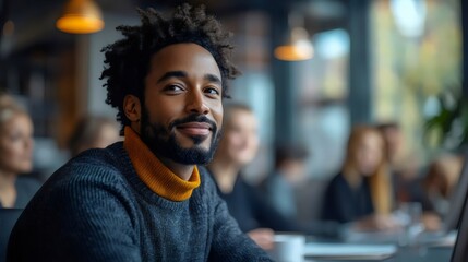 Obraz premium A man with a beard and a yellow sweater is smiling at the camera