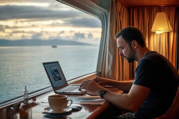 A passenger travels on a cruise ship while sipping coffee and using his lap top computer to produce photos for a stock site in another country with intelligence