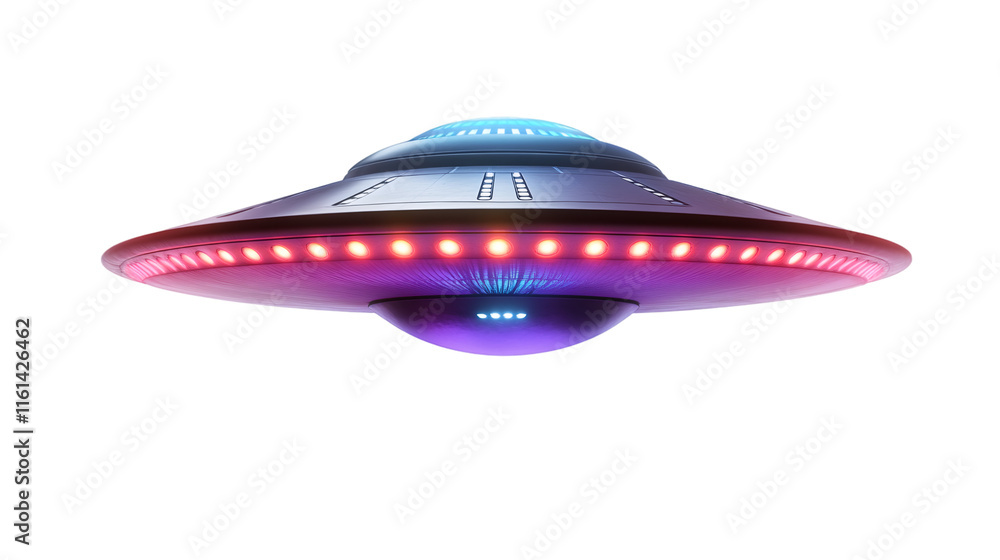 Poster Unidentified flying object with red and purple lights isolated on transparent background, perfect for science fiction projects