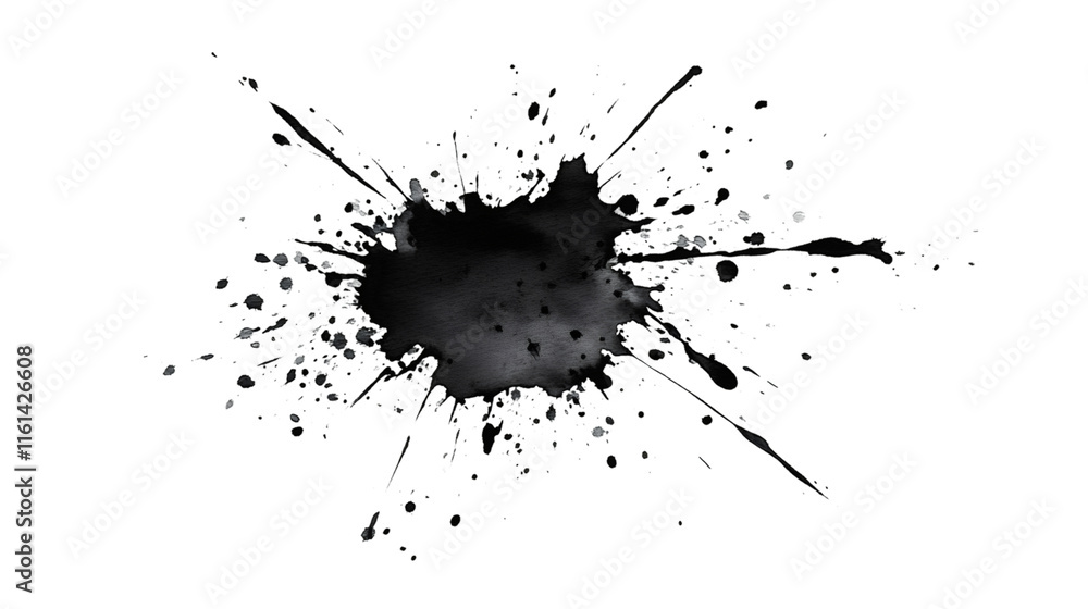 Aufkleber Black ink splattering with dynamic drops and bold splashes, isolated against a transparent background, creating a striking visual impact