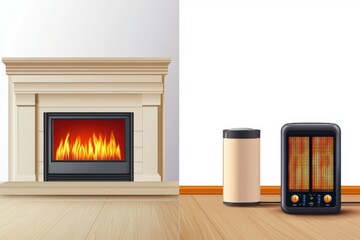 A cozy digital illustration contrasting a traditional fireplace with a modern electric heater.