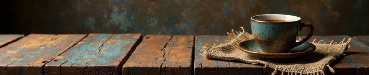 weathered wooden table with burlap sack and old coffee cup on it, coffee cup, steam