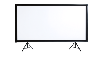Portable projection screen with tripod stand displaying white copy space on transparent background, ideal for presentations and home cinema