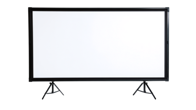 Portable projection screen with tripod stand displaying white copy space on transparent background, ideal for presentations and home cinema