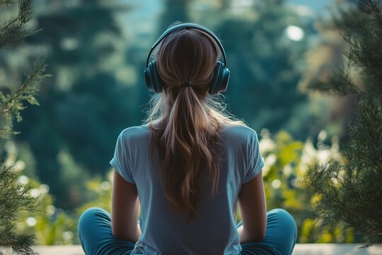 work life balance concept, young woman relaxing in lotos position with headphones on head with beautiful nature view
