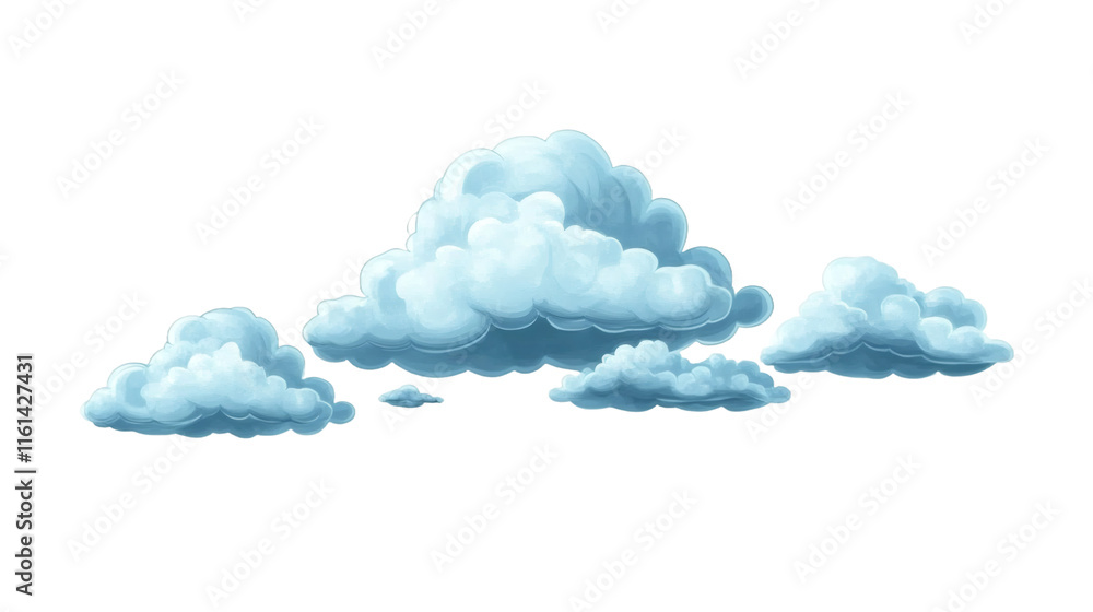 Poster soft cartoon clouds floating across bright blue sky, transparent background ideal for graphic design