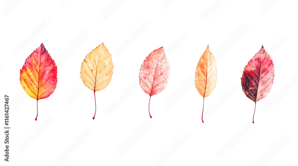 Aufkleber five colorful autumn leaves in different stages of changing color isolated on transparent background