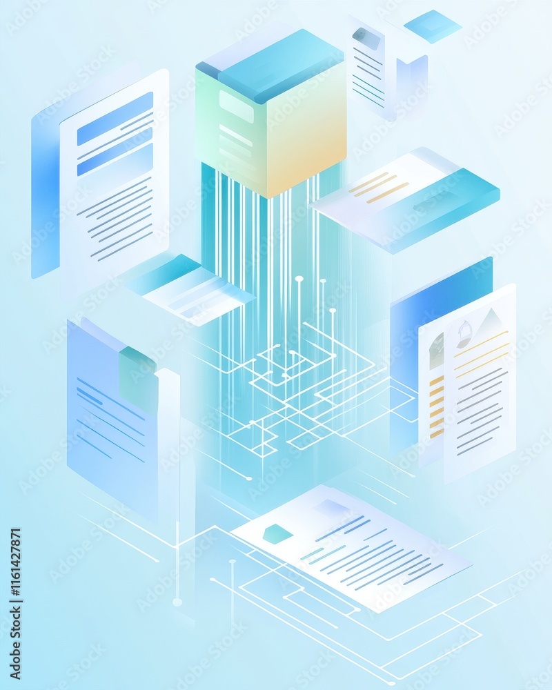 Poster abstract digital illustration of documents and data visualizations, emphasizing connectivity and tec