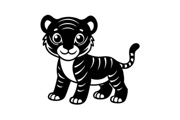 Cute baby tiger black silhouette vector, Simple silhouette Design vector icon with white background