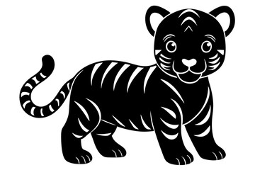 Cute baby tiger black silhouette vector, Simple silhouette Design vector icon with white background