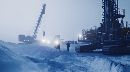 3D Illustration Snowy Landscape with Construction Equipment and Workers
