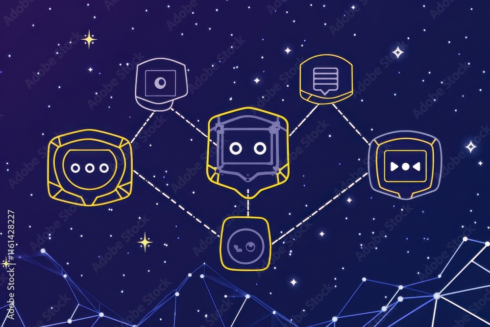 Poster an engaging illustration of a friendly robot connecting with various digital tools in a cosmic setti