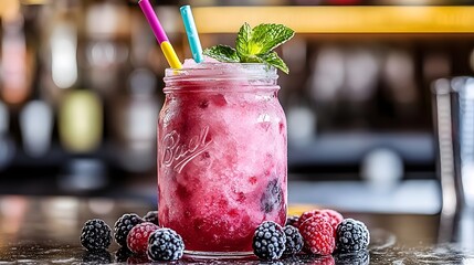 Refreshing frozen berry drink in a mason jar with mint garnish and colorful straws. Perfect summer beverage.  Served in a bar setting.