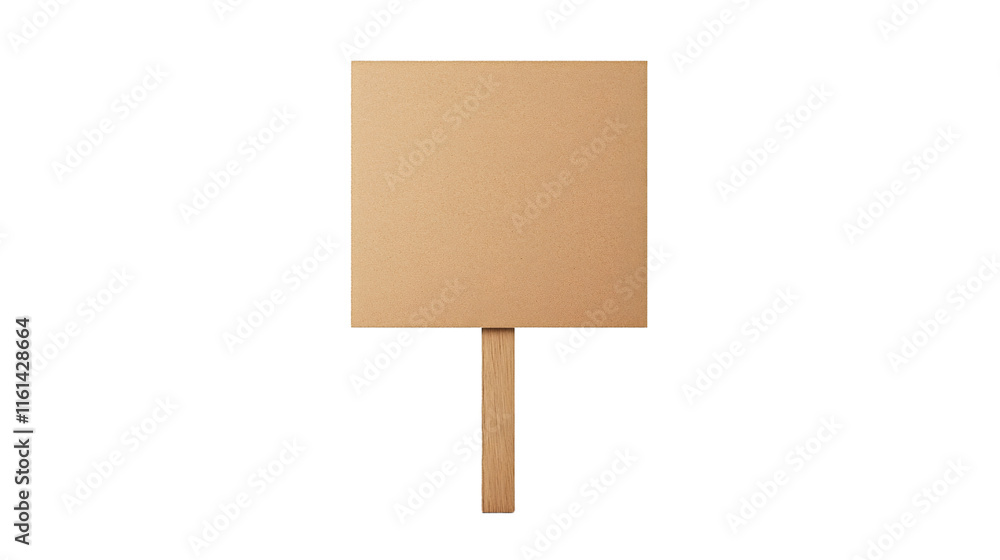 Poster empty cardboard placard on wooden stick, isolated on transparent background, ideal for adding text o