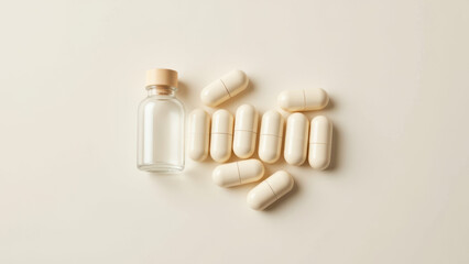 Magnesium glycinate supplement capsules and bottle on white surface.