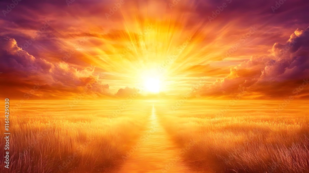 Poster vibrant sunset over a golden field. bright sun rays illuminate the landscape, creating a path toward