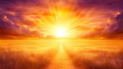 Vibrant sunset over a golden field.  Bright sun rays illuminate the landscape, creating a path towards the horizon.  Dramatic clouds add depth and color to the scene. Peaceful and inspiring.