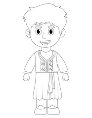 In Athens, Greece, the child wears a traditional Greek outfit, such as a fustanella (for boys) or a simple ancient Greek-inspired dress.   traditional Greek outfit coloring page for kids. boy coloring