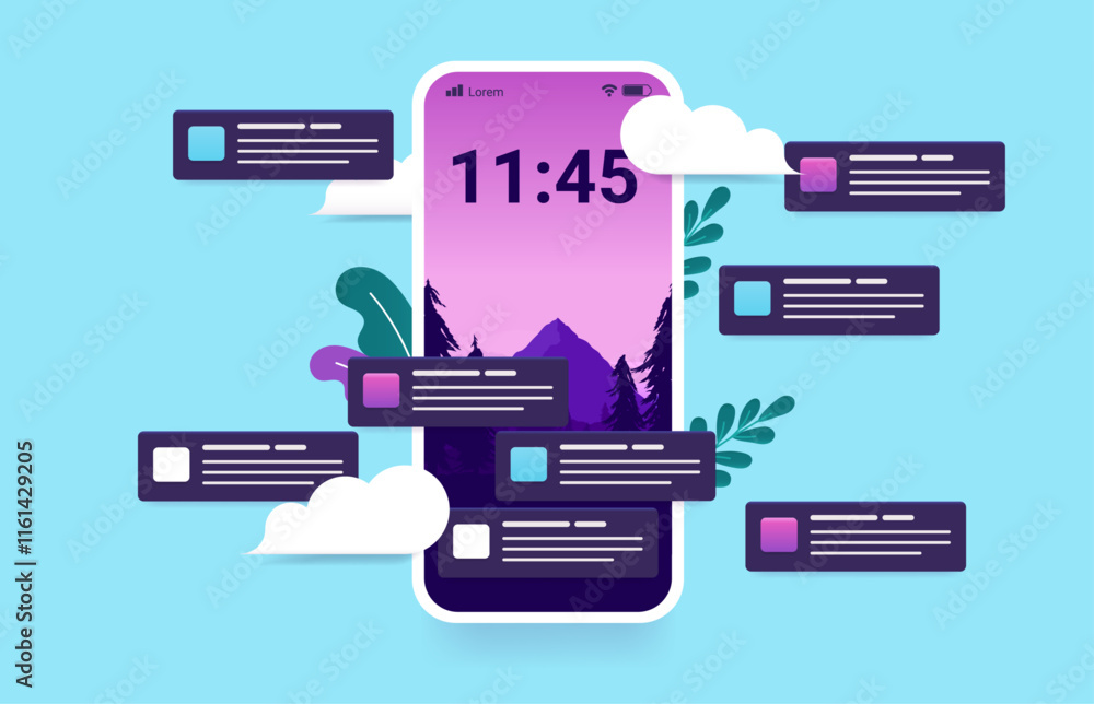 Aufkleber Phone screen with lots of push notifications - Mobile smartphone in front view with many messages, alerts and reminders from apps popping up all around. Vector illustration