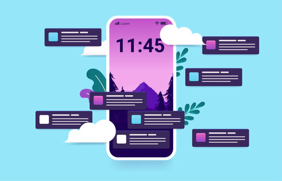 Phone screen with lots of push notifications - Mobile smartphone in front view with many messages, alerts and reminders from apps popping up all around. Vector illustration