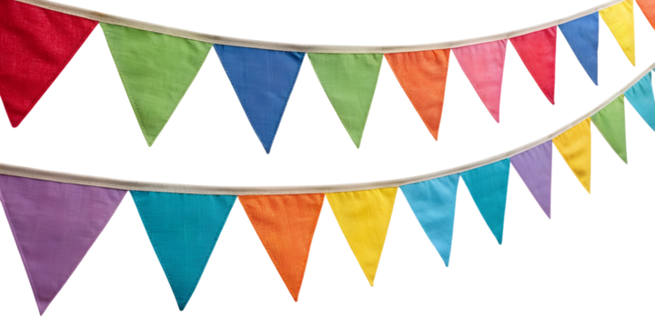 Multicolor bunting party decoration isolated in transparent background perfect for birthday party, marriage anniversary, valentines day and new year celebrations.  - Powered by Adobe