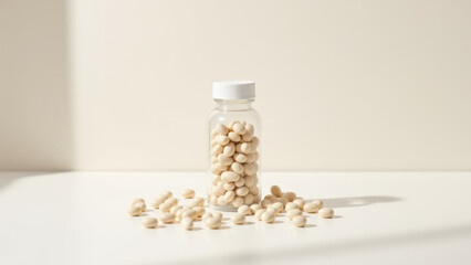 A clear glass bottle with a white cap filled with small light brown magnesium glycinate capsules.