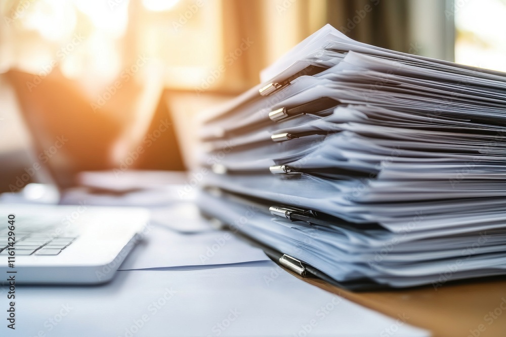 Poster a cluttered desk with a stack of paperwork and a laptop, symbolizing a busy work environment and pro