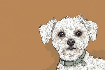 A playful white dog with expressive eyes, featuring fluffy fur and a green collar against a warm brown background.
