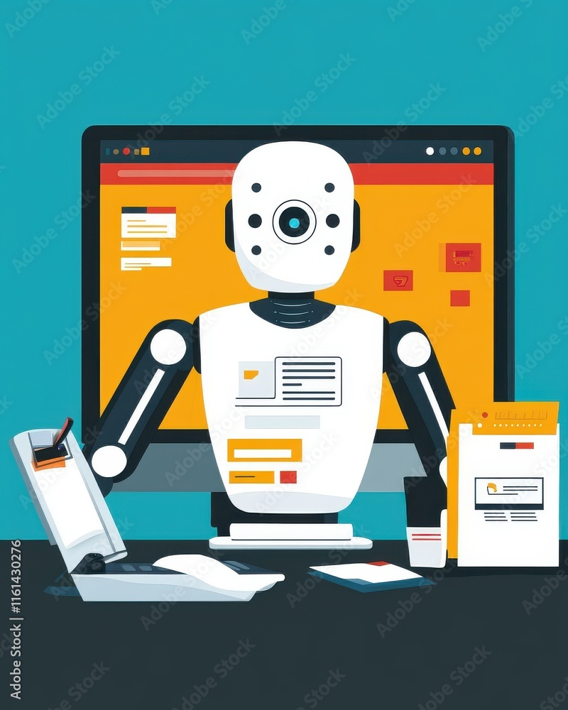 Poster a stylish humanoid robot interacts with a computer interface, showcasing modern technology in a vibr