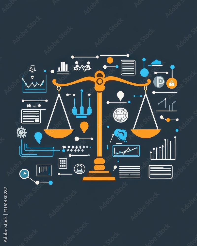 Poster an artistic representation of a balance scale symbolizing justice, surrounded by various business an