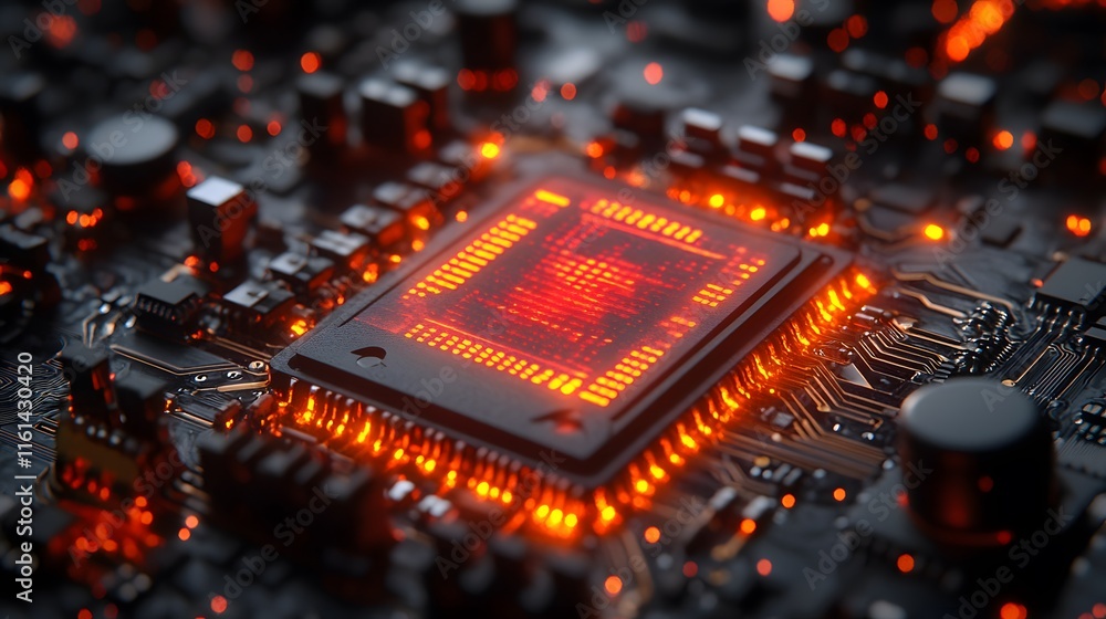 Poster close-up of illuminated microchip on circuit board.
