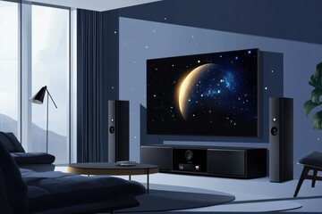 Fototapeta premium Modern living room featuring a sleek black TV with a cosmic display, elegant furniture, and a serene ambiance.