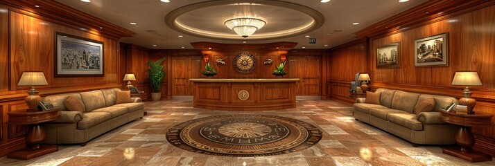 Obraz premium Luxurious Hotel Lobby with Elegant Wood Paneling, Plush Sofas, Ornate Chandelier, and Artistic Decor Enhancing a Welcoming Ambience for Guests