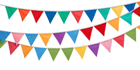 Multicolor bunting party decoration isolated in transparent background perfect for birthday party, marriage anniversary, valentines day and new year celebrations. 