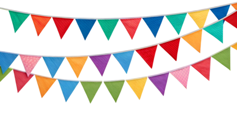 Multicolor bunting party decoration isolated in transparent background perfect for birthday party, marriage anniversary, valentines day and new year celebrations. 