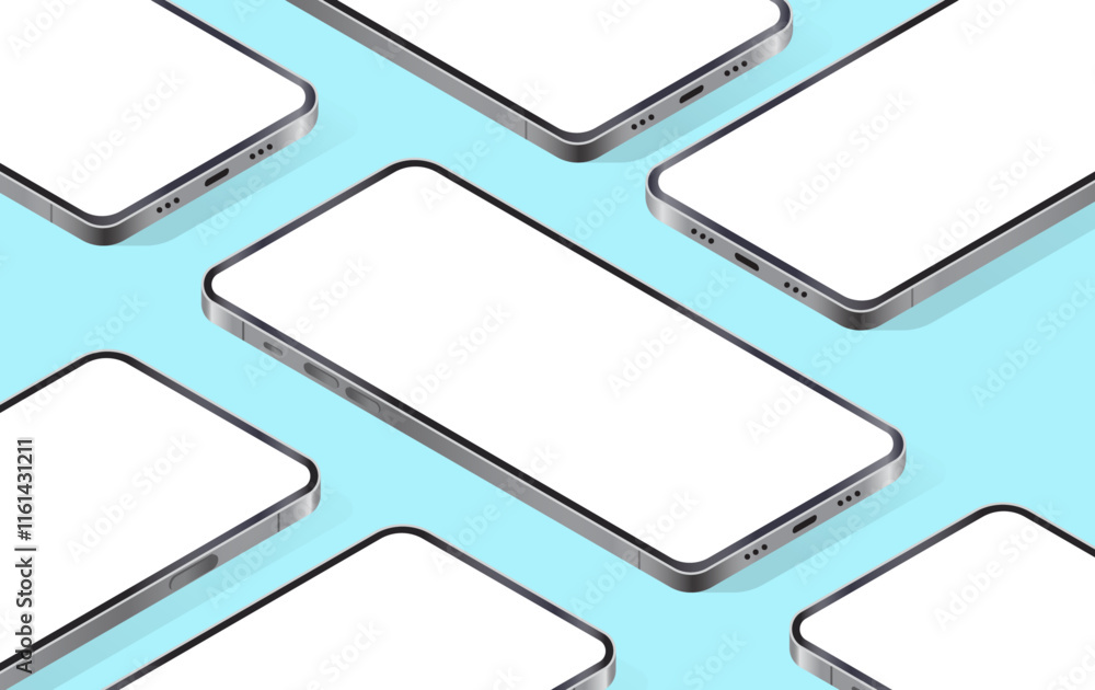 Aufkleber Isometric mobile phone mockup template - Vector illustration of set of smartphones in various angles with white empty screen in 3d flat perspective view on blue background