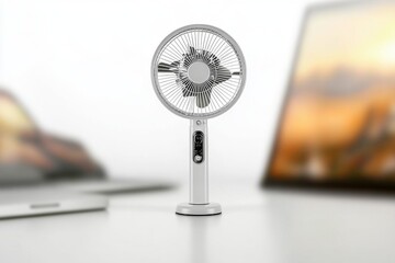 A sleek, modern white table fan positioned elegantly on a minimalistic desk.