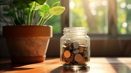 jar of coins and a plant vase