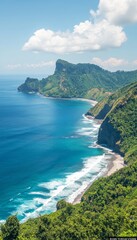 Rugged Coastline With crashing waves With Verdant Cliffs Under Blue Sky With copy space