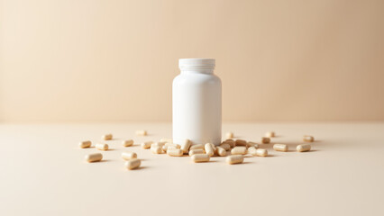 A close-up photograph of a bottle of magnesium glycinate with capsules scattered on a surface beneath it.