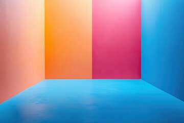 Obraz premium Vivid Multicolored Room with Gradient Walls in Bright Orange, Pink, and Blue Shades Featuring Sleek Modern Design and Minimalist Aesthetic