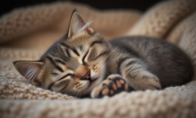 Sleeping tabby kitten on cozy blanket