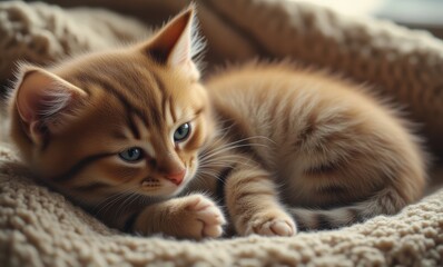 Adorable orange tabby kitten resting comfortably