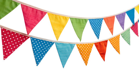 Obraz premium Multicolor bunting party decoration isolated in transparent background perfect for birthday party, marriage anniversary, valentines day and new year celebrations. 