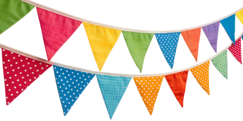 Multicolor bunting party decoration isolated in transparent background perfect for birthday party, marriage anniversary, valentines day and new year celebrations. 