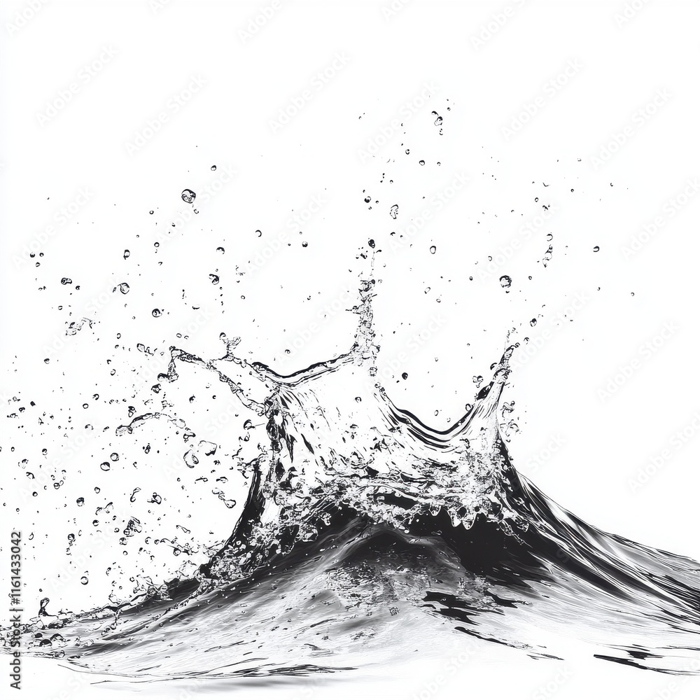 Poster dynamic splash of clear water creating intricate patterns on a white background.