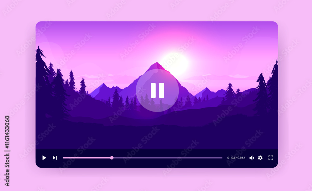Poster online video player window frame - watching tube channel multimedia window with nature landscape exa